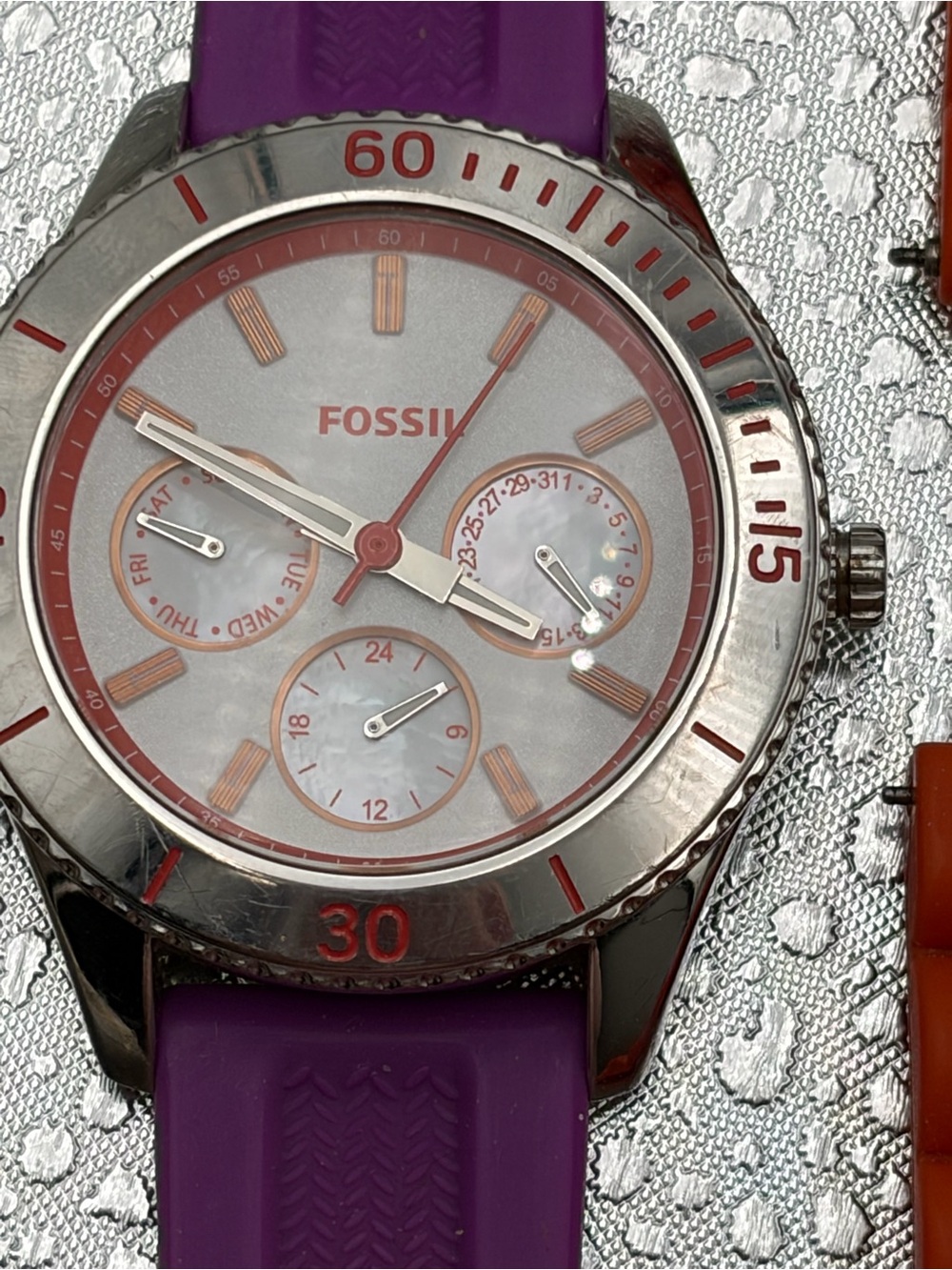 Fossil Purple Silicone Strap Silver-Tone Watch with Coral Accents